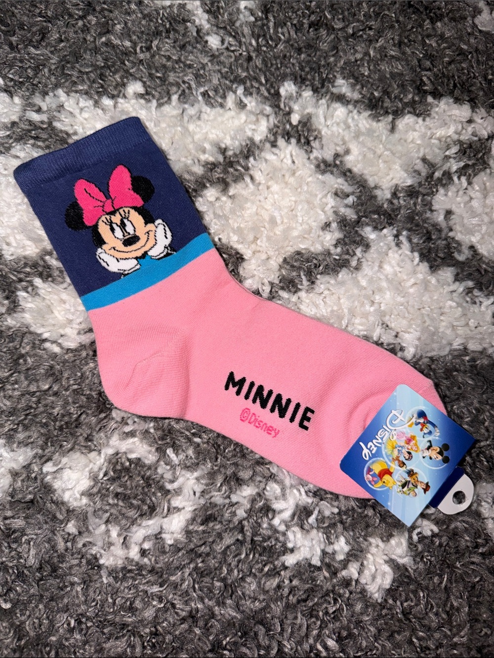 NWT Minnie Mouse Pink and Navy Crew Socks with Blue Accent